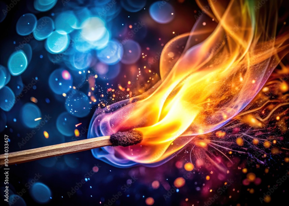 Close-Up of a Matchstick Igniting with Bright Flames, Sparks, and Smoke in Bokeh Effect Against Dark Background Close-Up of a Matchstick Igniting with Bright Flames, Sparks, and Smoke in Bokeh Effect Against Dark Background