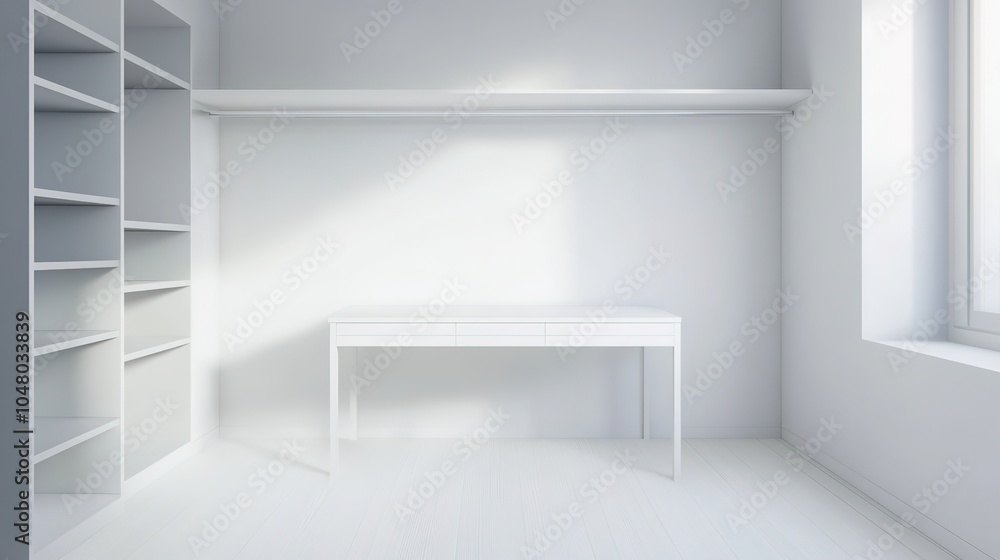 A White Table in an Empty Dressing Room, Creating a Minimalist and Serene Atmosphere for Personal Reflection and Preparation A White Table in an Empty Dressing Room, Creating a Minimalist and Serene Atmosphere for Personal Reflection and Preparation