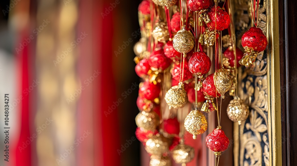 Fototapeta premium Intricate red and gold decorations hung on door for New Year celebration