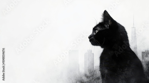 black cat gazes thoughtfully at city skyline, blending urban life with sense of mystery. contrast between cat and foggy background creates captivating atmosphere