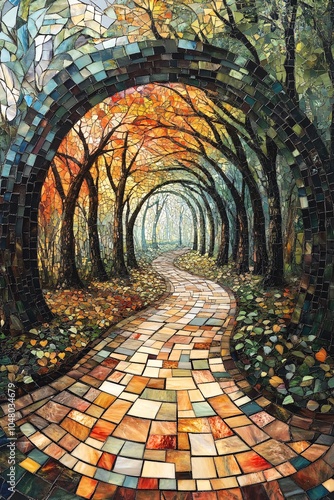 A vibrant mosaic pathway through an enchanted forest of colorful autumn leaves framed by majestic trees photo