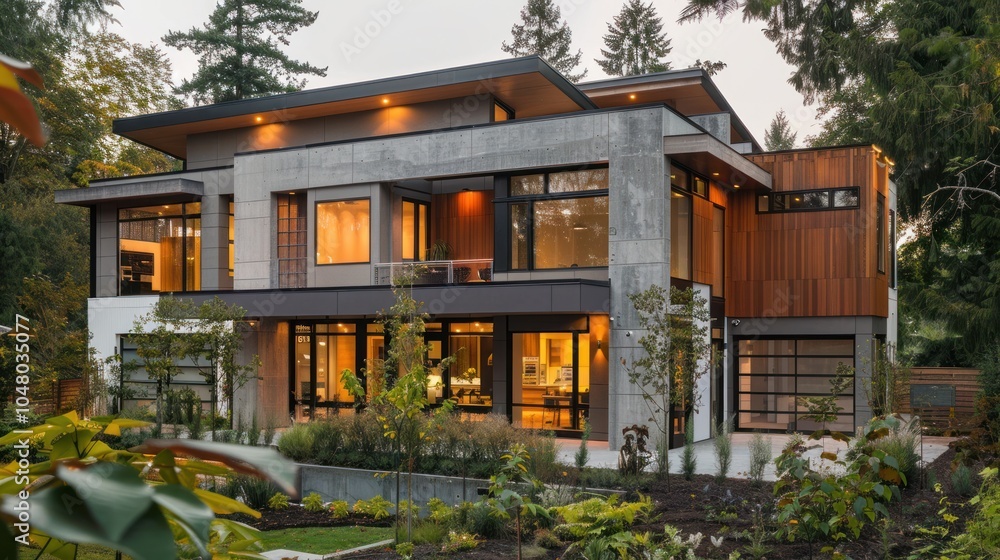 Fototapeta premium Modern Concrete and Wood Home with Lush Landscaping