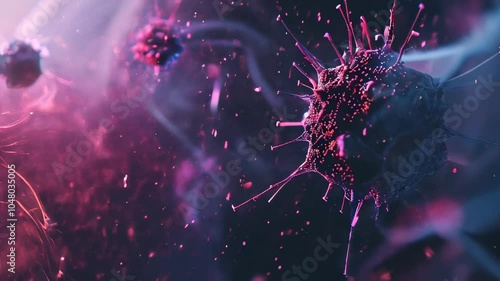 Close-up view of virus cells with intricate details, set against a dark, abstract background, symbolizing microbiology and infection concepts.