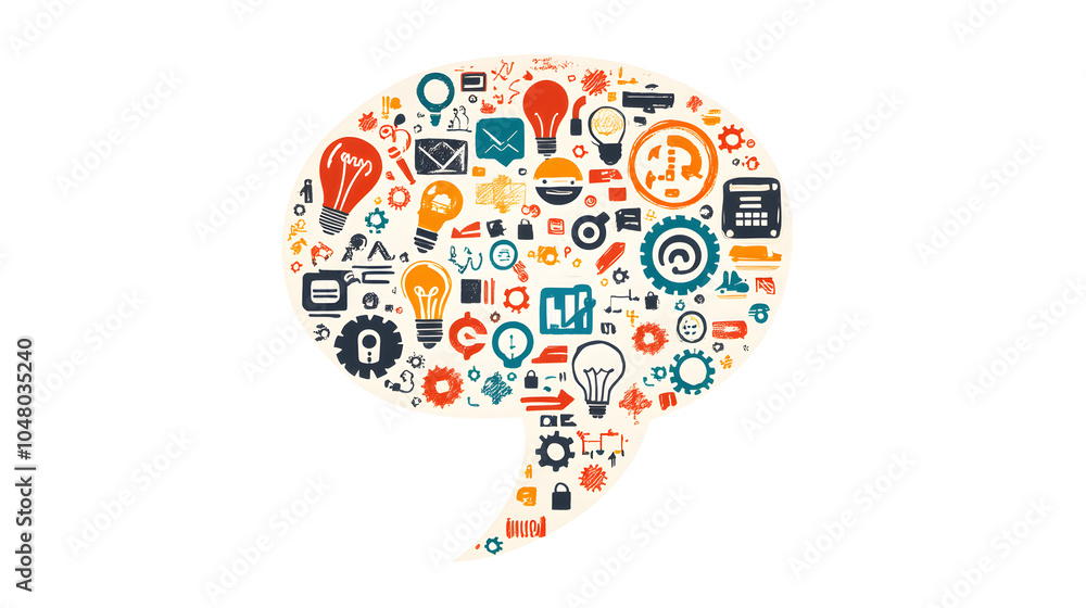 A speech bubble with small business or tech-related icons A speech bubble with small business or tech-related icons