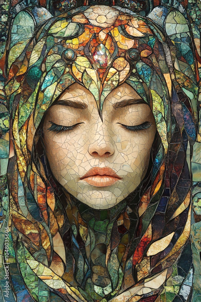 A stunning mosaic portrait of a serene woman enveloped in vibrant colors and nature-inspired patterns reflecting inner peace and harmony A stunning mosaic portrait of a serene woman enveloped in vibrant colors and nature-inspired patterns reflecting inner peace and harmony