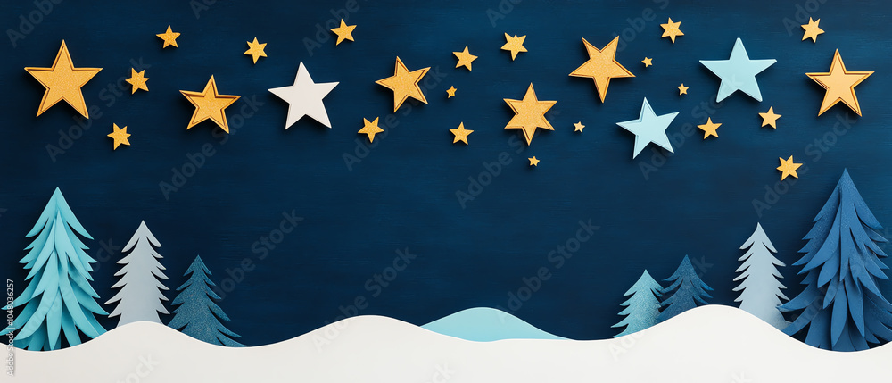 Festive winter scene featuring colorful stars and trees set against a dark blue background, creating a whimsical and enchanting atmosphere. Festive winter scene featuring colorful stars and trees set against a dark blue background, creating a whimsical and enchanting atmosphere.