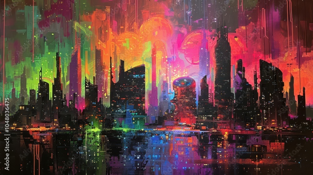 Obraz premium A painting of a cityscape with a bright, colorful sky and buildings. Generative AI