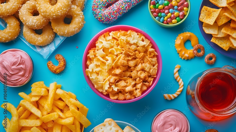 Colorful Snack Food Party On Blue Tabletop