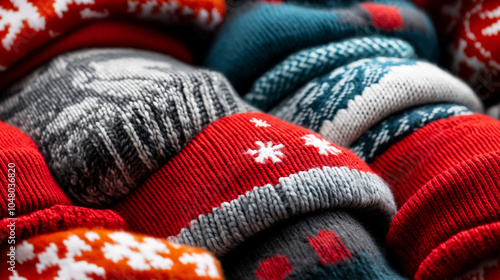 Christmas sweaters, hats, and scarves, with festive patterns and colors, evoking the coziness of winter