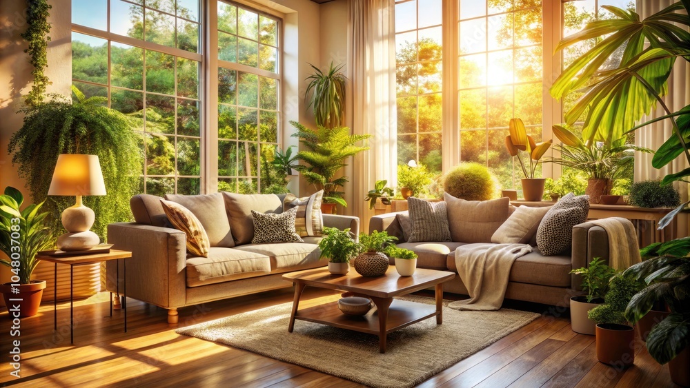 Cozy Living Room with Sunbeams, Greenery, and Tilt-Shift Photography for a Warm Atmosphere, Perfect for Relaxation and Interior Design Inspiration Cozy Living Room with Sunbeams, Greenery, and Tilt-Shift Photography for a Warm Atmosphere, Perfect for Relaxation and Interior Design Inspiration