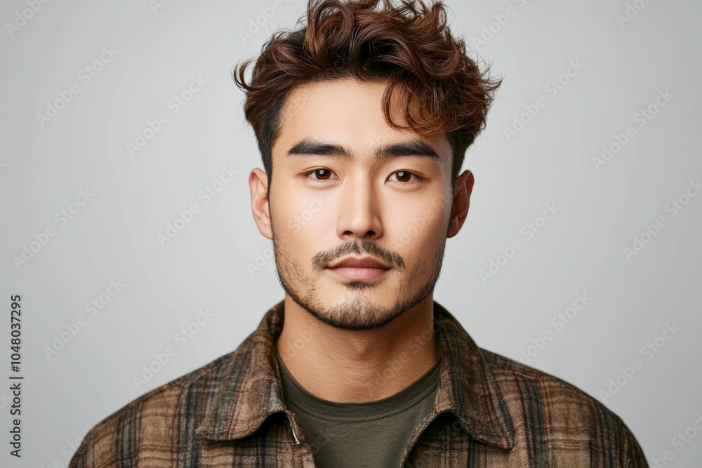 Fototapeta premium 魅力的な男性のポートレート、自然光の中でリラックスした表情のスタイリッシュな若者