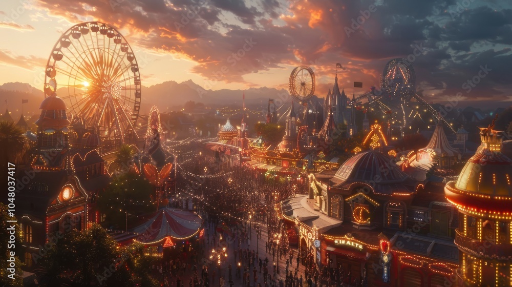 A carnival scene with a large Ferris wheel in the background. Generative AI A carnival scene with a large Ferris wheel in the background. Generative AI