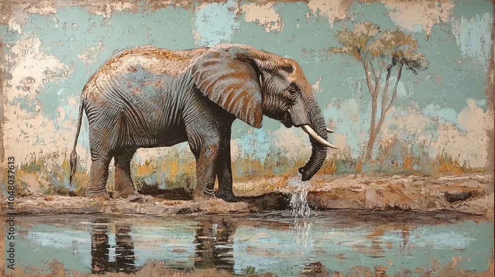 Fototapeta premium Majestic elephant drinking water by the river in a serene landscape.