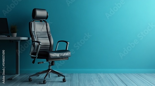 Modern black office chair in a stylish workspace with a turquoise wall.