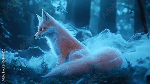 Ethereal nine-tailed fox, revered in japanese mythology, sits contemplatively amidst misty moonlit forest, its wispy. Shape-shifting Kitsune. Illustration photo