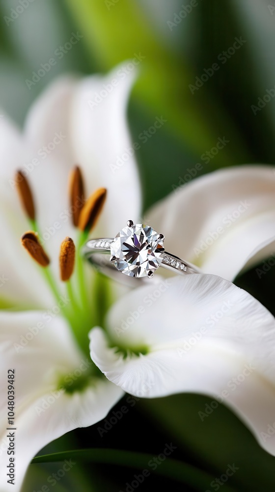 Fototapeta premium A detailed shot of a diamond ring placed delicately on a white lily