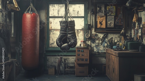 Vintage boxing gym interior with punching bag and gloves, capturing the essence of training and dedication. photo