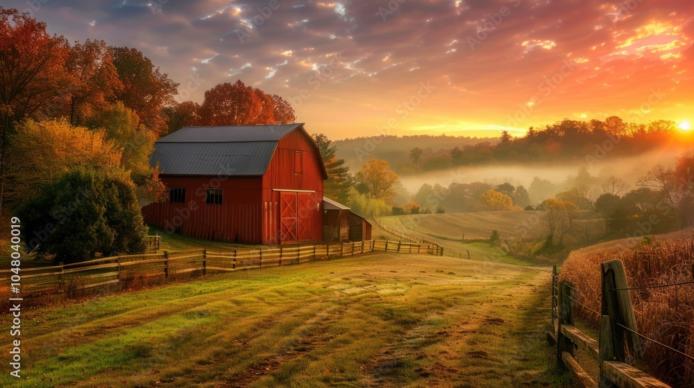 Red Barn in a Foggy Autumn Landscape at Sunrise Red Barn in a Foggy Autumn Landscape at Sunrise