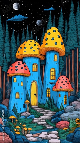 Whimsical mushroom houses nestled in a vibrant forest under a starlit sky photo