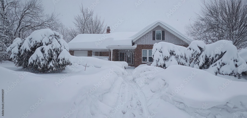 Suburban home covered deeply in snow following a severe storm. Suburban home covered deeply in snow following a severe storm.