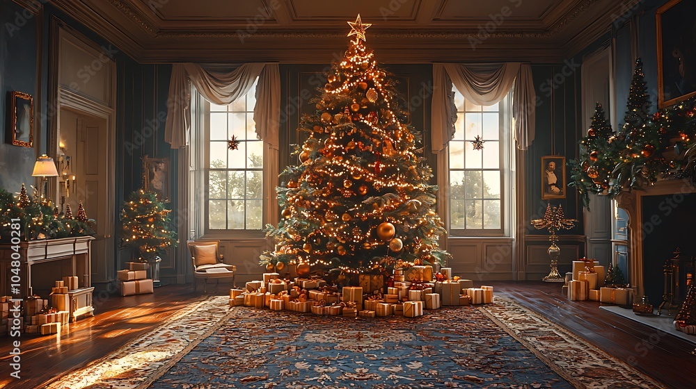 Fototapeta premium Cozy Family Christmas Tree Decoration in Festive Room