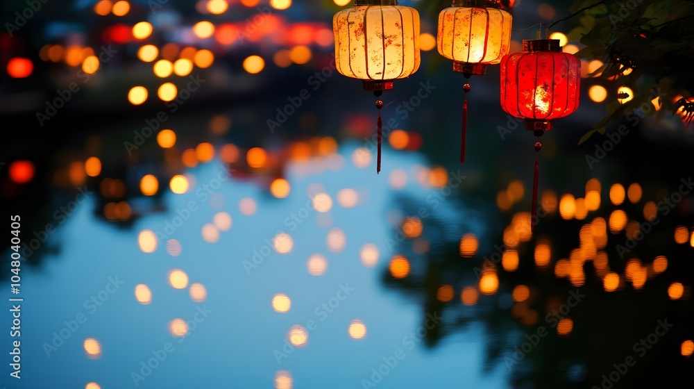 Obraz premium Lantern festival with glowing red and gold lights reflected in river
