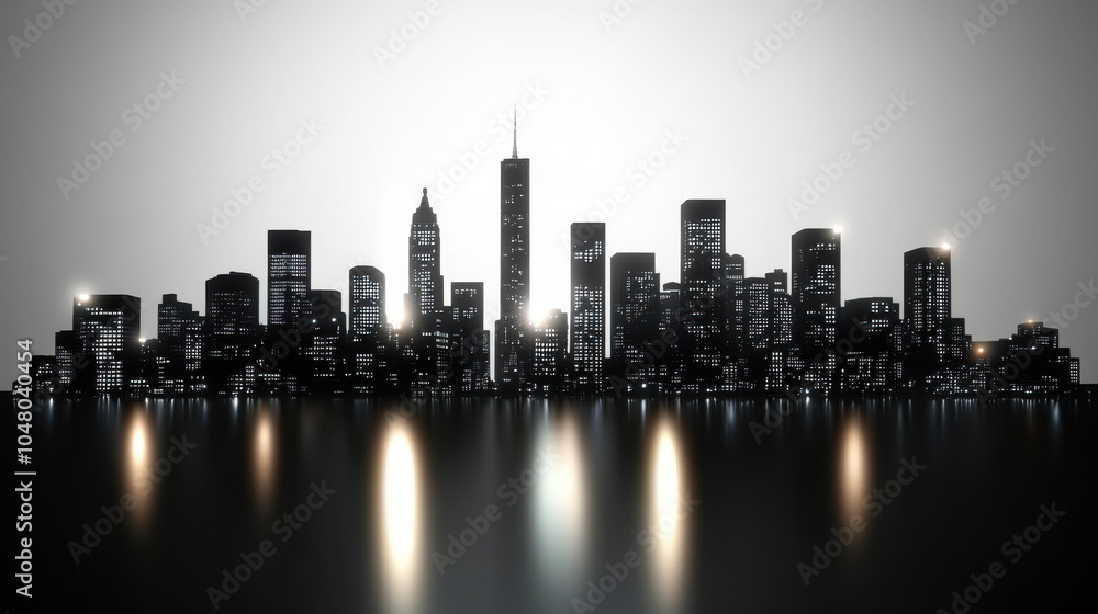 Fototapeta premium City skyline at dusk, showcasing tall buildings with illuminated windows reflecting on water. Scene captures essence of urban life and modern architecture.