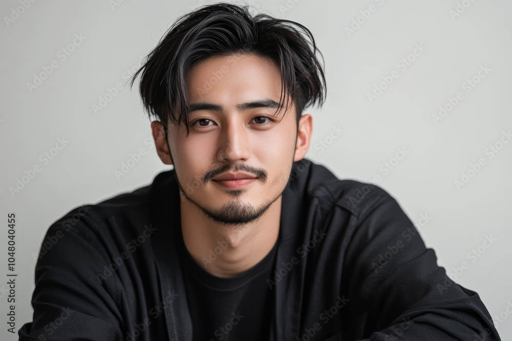 若い男性が穏やかな表情でカメラを見つめるポートレート、シンプルな背景のスタジオ撮影 若い男性が穏やかな表情でカメラを見つめるポートレート、シンプルな背景のスタジオ撮影