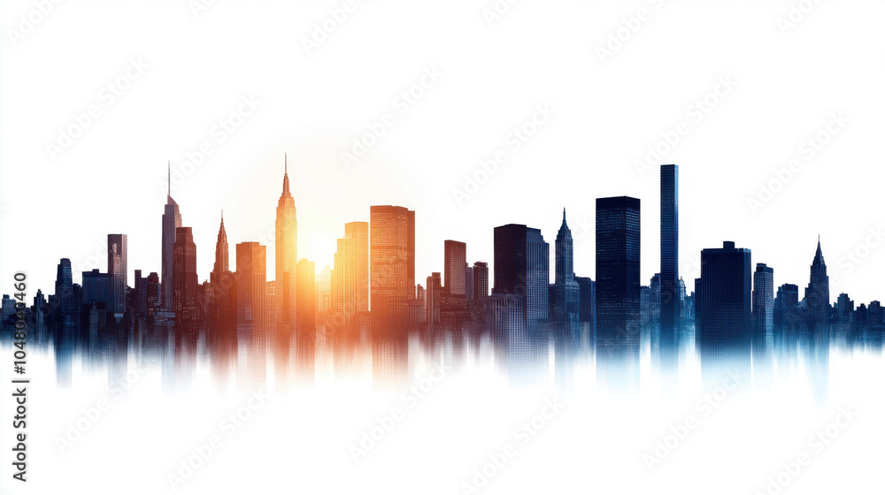 Fototapeta premium City skyline at sunset, showcasing tall buildings and iconic structures silhouetted against vibrant orange and blue sky.