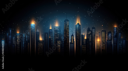 City skyline at night, illuminated by glowing lights from tall buildings, creating vibrant urban atmosphere. scene captures essence of bustling metropolis under starry sky.