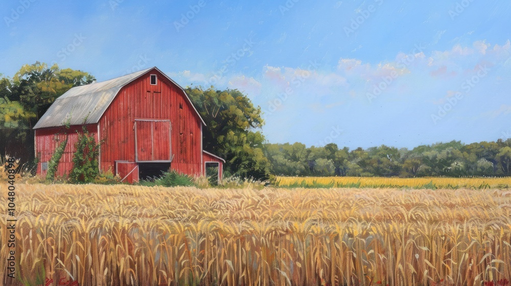 A Red Barn Stands Tall in a Field of Golden Wheat A Red Barn Stands Tall in a Field of Golden Wheat
