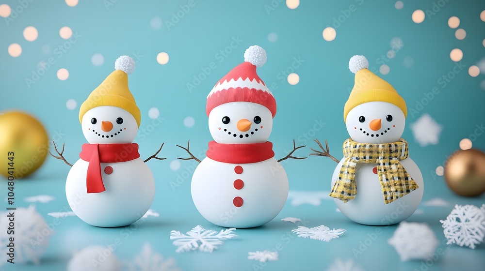 Cute Snowmen in Winter Wonderland with Snowflakes and Bokeh Lights Cute Snowmen in Winter Wonderland with Snowflakes and Bokeh Lights