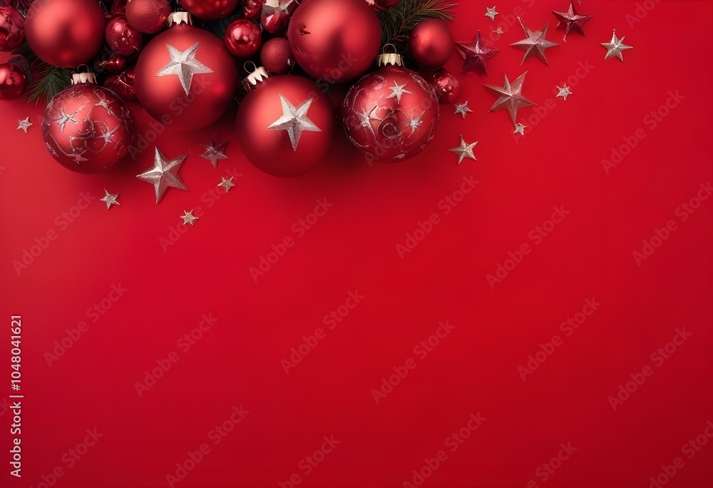Red Christmas ornaments and stars on a red background. Red Christmas ornaments and stars on a red background.