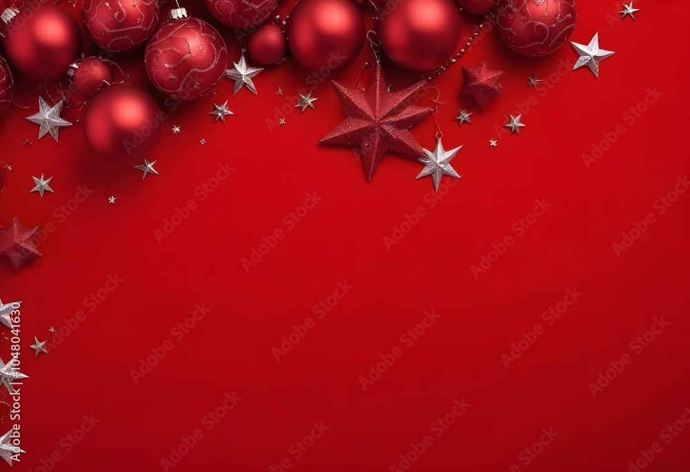 Red Christmas ornaments and stars on a red background. Red Christmas ornaments and stars on a red background.
