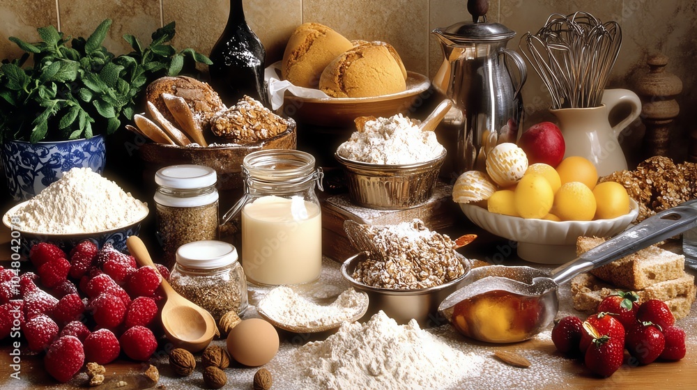 Fototapeta premium Baking ingredients arranged beautifully on a rustic table with fruits and spices, perfect for culinary creativity.