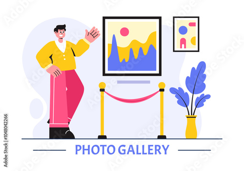 Photo Gallery Vector Illustration featuring Museum Visitors Viewing an Exhibition of Modern Abstract Paintings and Pictures in a Contemporary Design