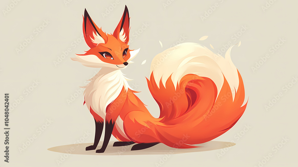 Obraz premium Cute nine-tailed fox illustration - anime style fantasy creature. Nine-Tailed Fox. Illustration