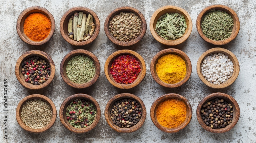 Colorful Spices in Wooden Bowls on Rustic Table Colorful Spices in Wooden Bowls on Rustic Table