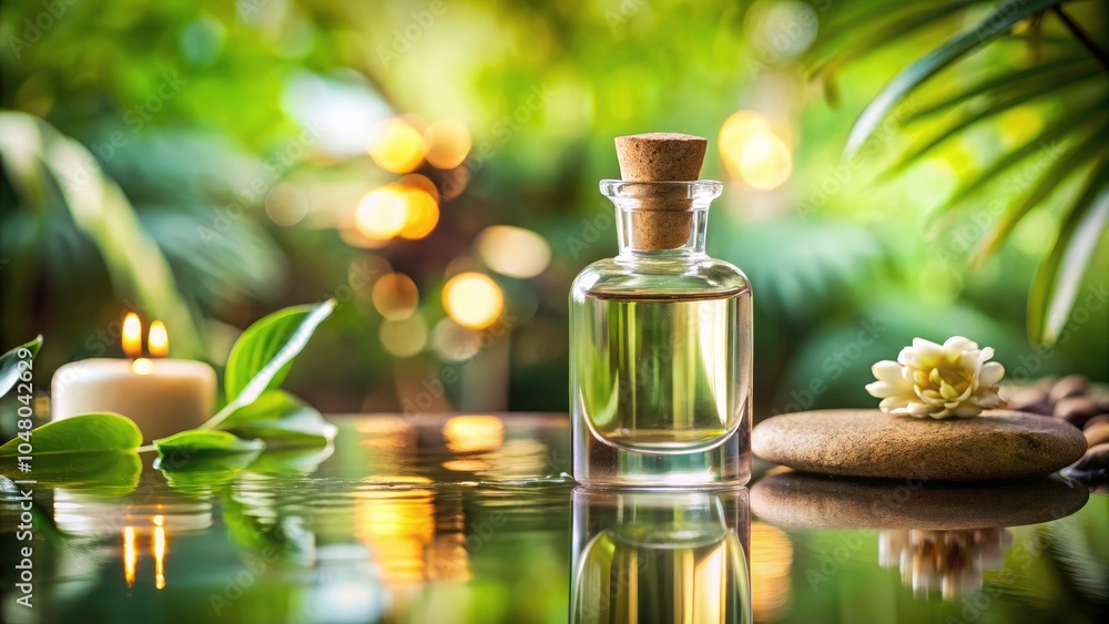 Elegant Transparent Glass Bottle with Essential Oil for Spa and Aromatherapy - Perfect Illustration for Covers, Postcards, Brochures, and Advertisements Elegant Transparent Glass Bottle with Essential Oil for Spa and Aromatherapy - Perfect Illustration for Covers, Postcards, Brochures, and Advertisements
