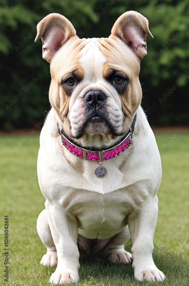 Dogs. English bulldog. Dog in a beautiful collar, harness. Dogs. English bulldog. Dog in a beautiful collar, harness.