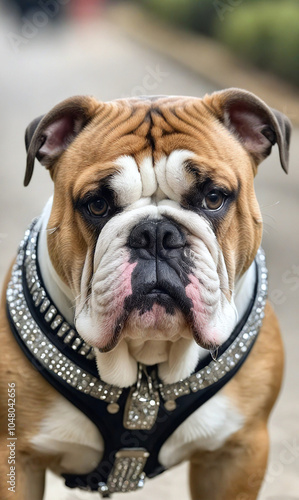 Dogs. English bulldog. Dog in a beautiful collar, harness.