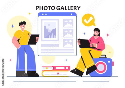 Photo Gallery Vector Illustration featuring Museum Visitors Viewing an Exhibition of Modern Abstract Paintings and Pictures in a Contemporary Design