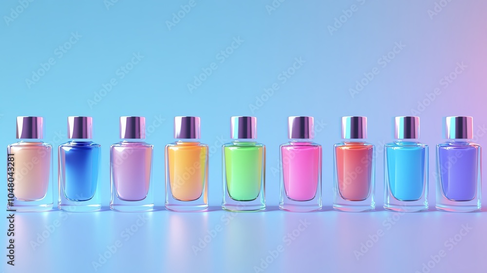 Colorful nail polish bottles lined up against a soft gradient background. Colorful nail polish bottles lined up against a soft gradient background.