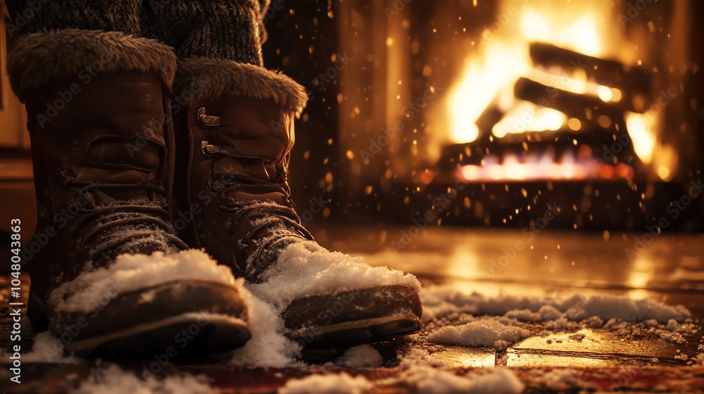 Cozy winter scene with snow-covered boots by a warm fireplace, enhancing the comfort of a chilly day. Cozy winter scene with snow-covered boots by a warm fireplace, enhancing the comfort of a chilly day.