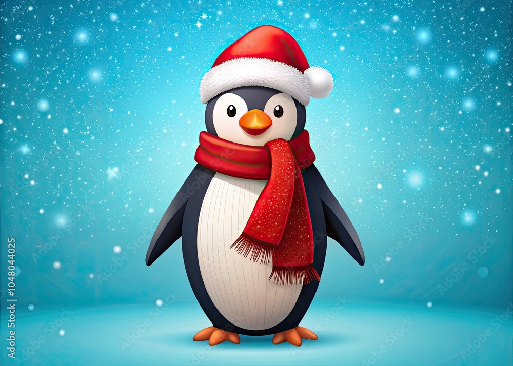 Festive Penguin Silhouette with Santa Hat on Blue Background for Christmas Card Design Festive Penguin Silhouette with Santa Hat on Blue Background for Christmas Card Design