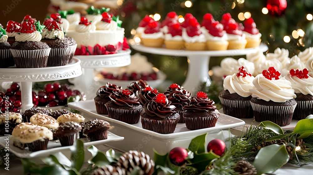 Festive Holiday Display of Themed Cupcakes and Cookies Festive Holiday Display of Themed Cupcakes and Cookies