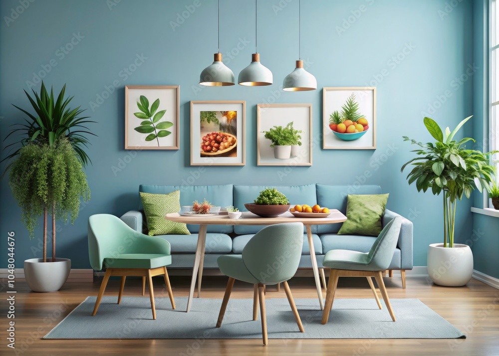 Food Photography Mock-Up Display in a Pastel Blue Room with Elegant Furniture and Greenery Food Photography Mock-Up Display in a Pastel Blue Room with Elegant Furniture and Greenery