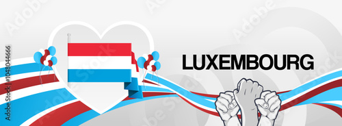 Luxembourg national day festive banner. Vibrant modern template for national holiday celebration with raised hands and flag. June 23th. Happy national day of Luxembourg