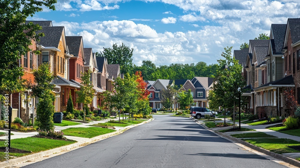Newly constructed suburban street filled with American homes, a modern residential area. Newly constructed suburban street filled with American homes, a modern residential area.