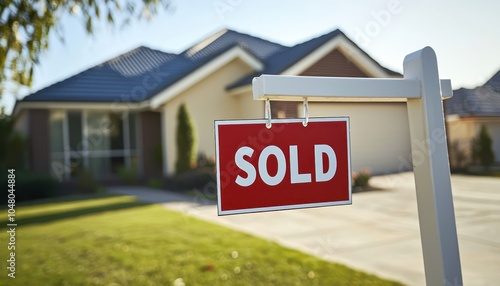 Australia: Newly built suburban home with a 'Sold' sign out front.